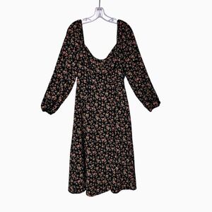 Forever‎ 21 Black Floral Milkmaid Dress Large Smocked Midi Peasant Cottagecore